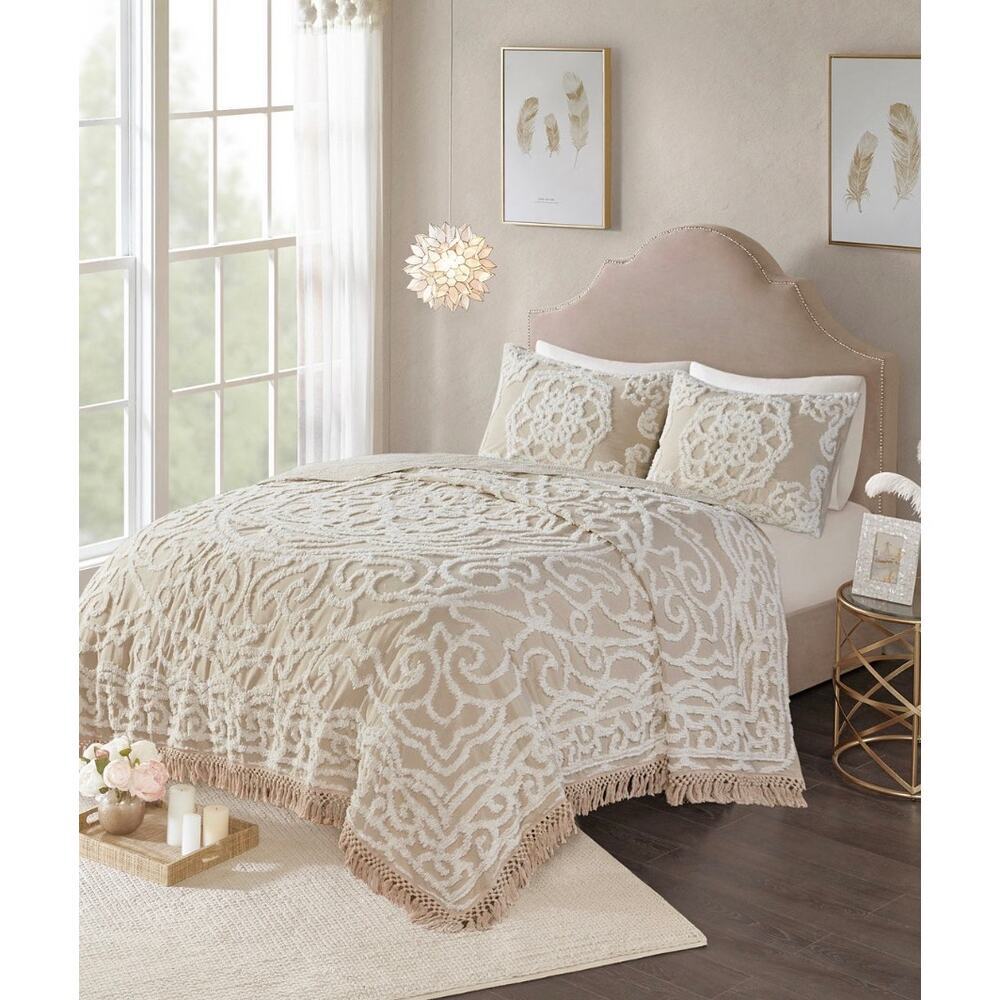 Madison Park King Bedspread Set Beige Chenille Tufted 3pc Luxury Bedding